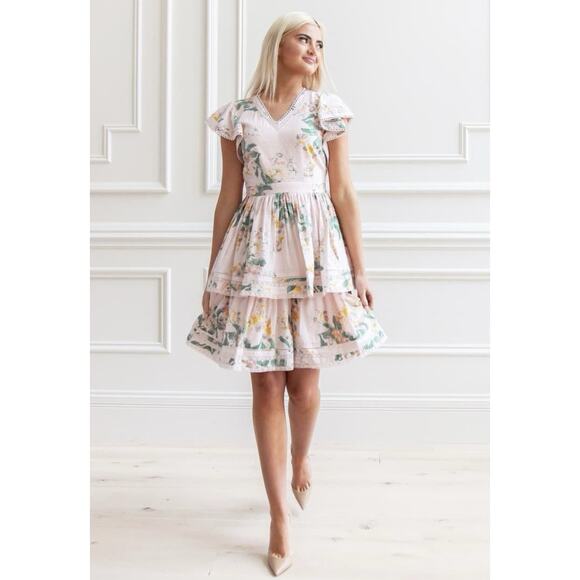 Rachel Parcell Light Pink Floral Tiered Ruffle-Sleeve Dress Size Medium Romantic - Picture 1 of 15